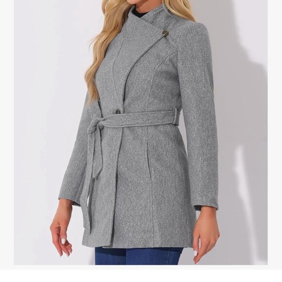 Allegra K Women's Stand Collar Long Sleeve Winter Belted Long Coat Medium - Picture 2 of 7